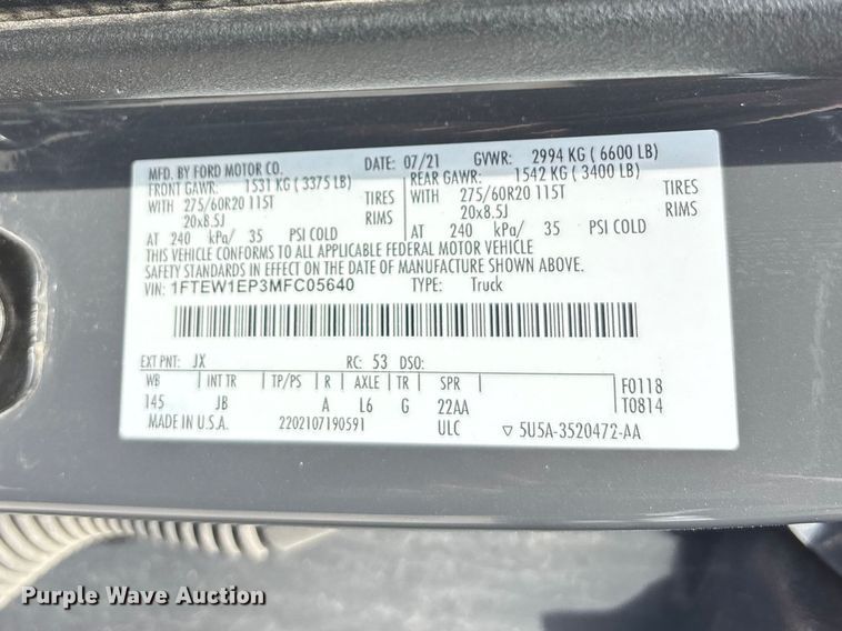 image for item FH7094 2021 Ford F150 Crew Cab pickup truck