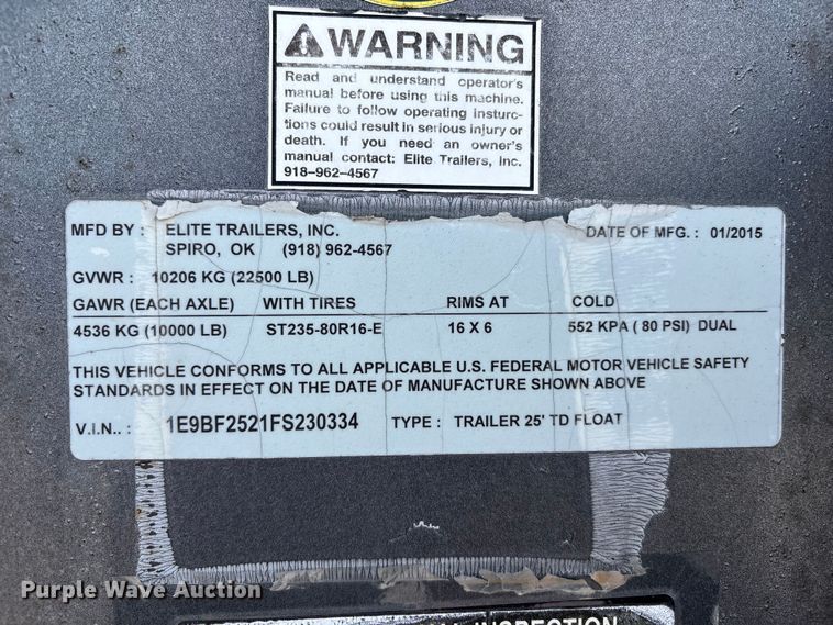image for item FH7095 2015 Elite Trailers equipment trailer
