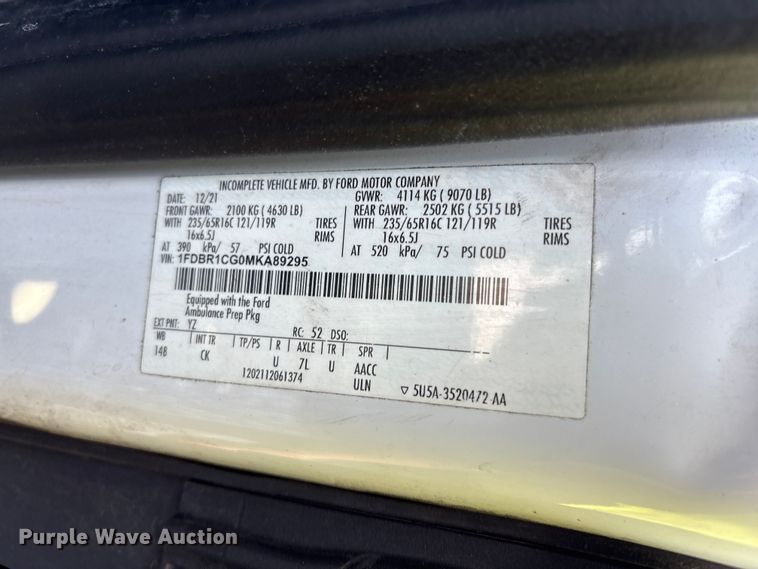 image for item YA1297 2021 Ford Transit 250 ambulance