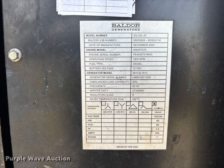 image for item YA3060 2005 Baldor 361CSL1613 generator