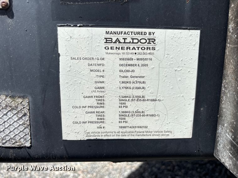 image for item YA3060 2005 Baldor 361CSL1613 generator