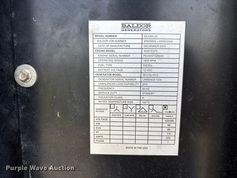 image for item YA3061 2005 Baldor 361CSL1613 generator