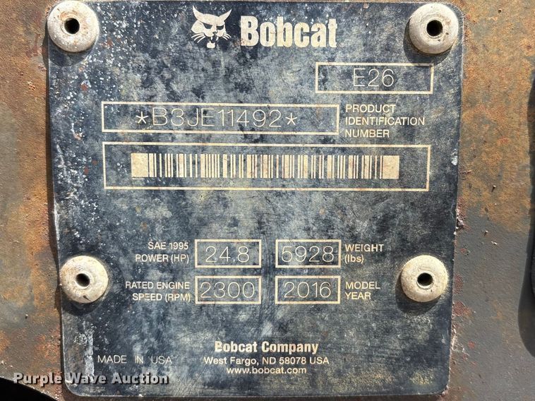 image for item DT0247 2016 Bobcat E26 mini excavator