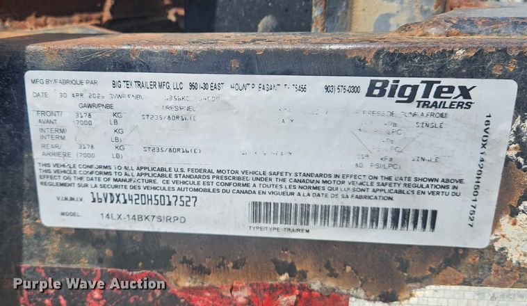 image for item DZ4408 2017 Big Tex 14LX dump trailer
