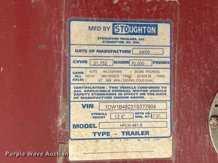 image for item EA7285 2001 Stoughton HPLW-48T-S flatbed trailer