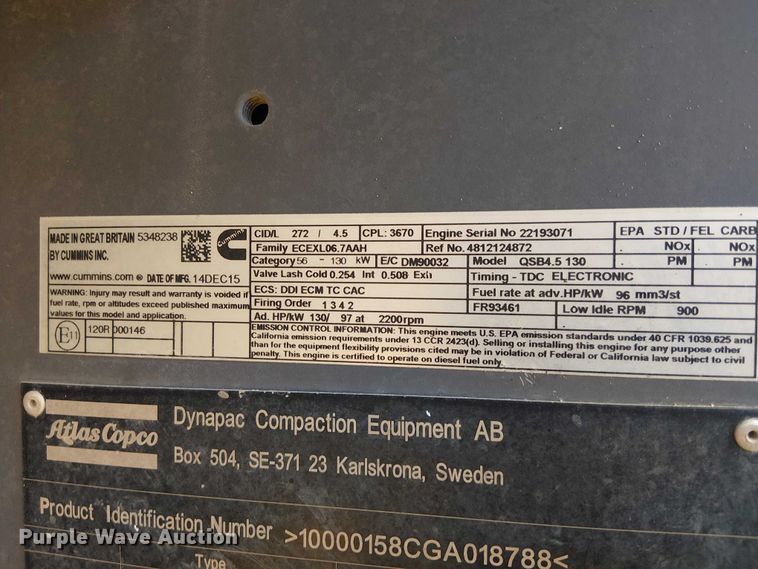 image for item EE1476 2016 Dynapac CA2500 single drum vibratory roller