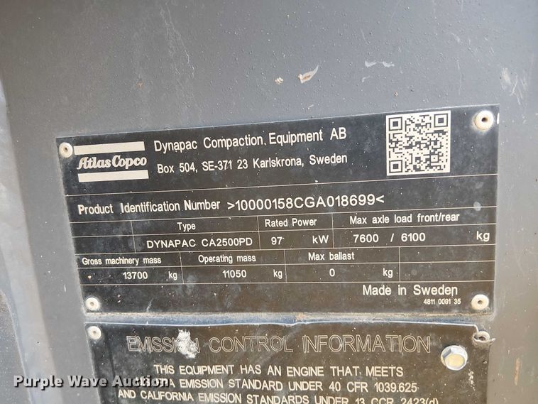 image for item EE1477 2016 Dynapac CA2500 single drum vibratory padfoot roller