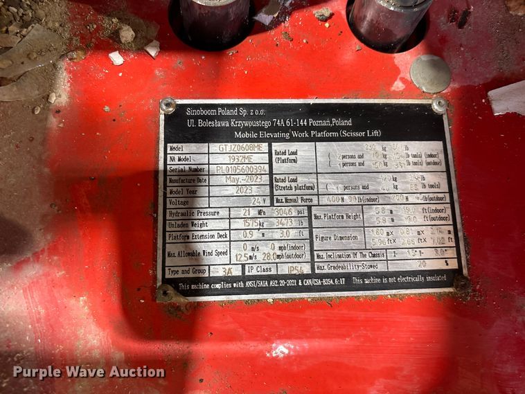 image for item EF1112 2023 SinoBoom 1932ME scissor lift