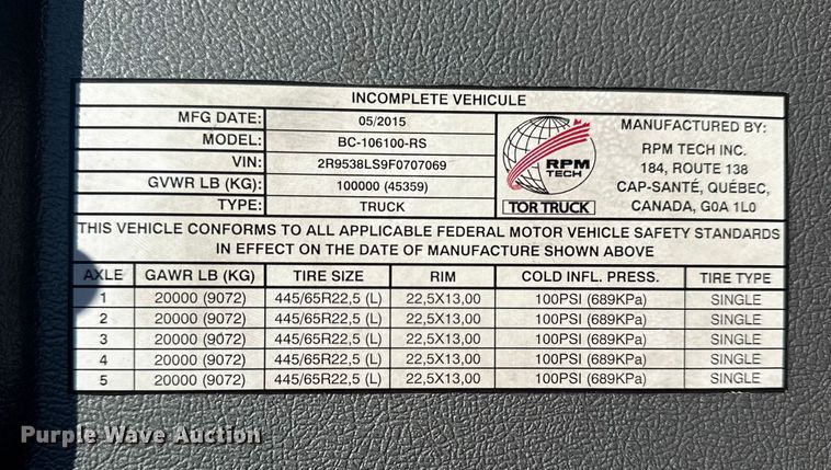 image for item EG1923 2015 Tor Truck, R.P.M. Tech Inc. BC-10610-TS bucket truck
