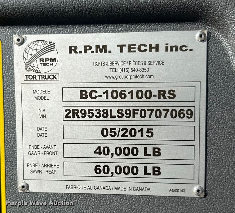 image for item EG1923 2015 Tor Truck, R.P.M. Tech Inc. BC-10610-TS bucket truck