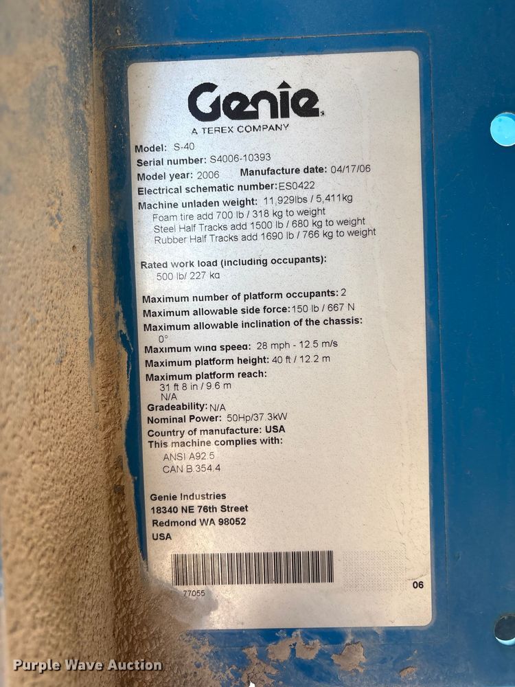 image for item EG9066 2006 Genie S-40 boom lift