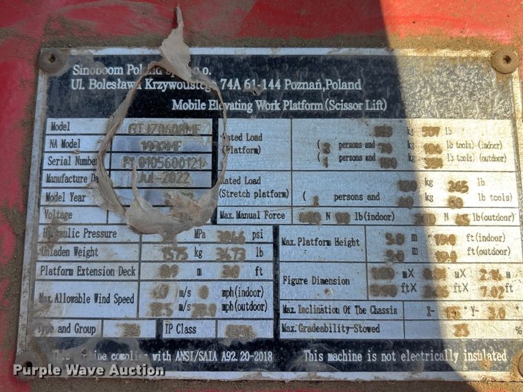 image for item EM8595 2022 Sinoboom 1932ME scissor lift