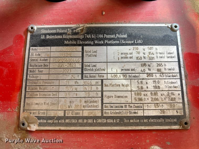 image for item EM8603 2023 Sinoboom 1932ME scissor lift