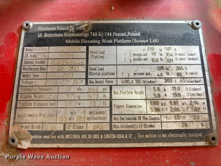 image for item EM8603 2023 Sinoboom 1932ME scissor lift
