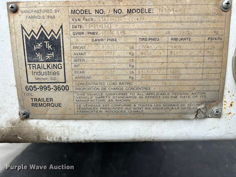 image for item EO4246 1991 Trail King TK70HT-462 drop deck equipment trailer