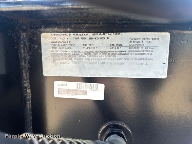 image for item ER0481 2019 Interstate Trailers, Inc. 50TDL tilt deck equipment trailer