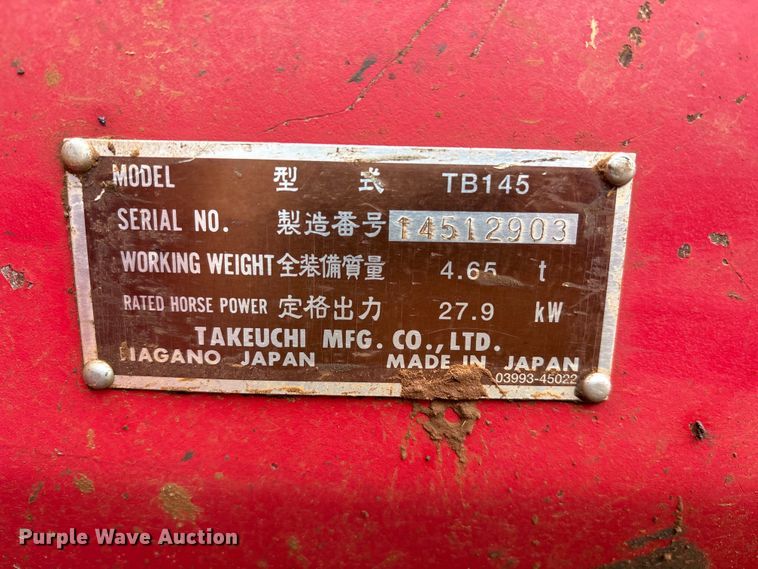 image for item ES8982 2003 Takeuchi TB145 mini excavator