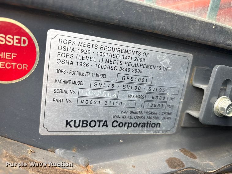 image for item ET2012 2018 Kubota SVL 95 tracked skid steer loader