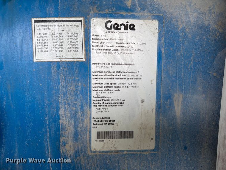 image for item FC3068 2007 Genie S-65 boom lift