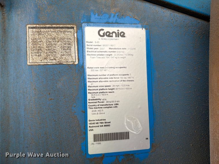 image for item FC3069 2007 Genie S-65 boom lift