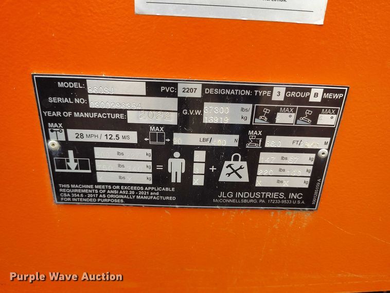 image for item YA3418 2022 JLG 860SJ boom lift