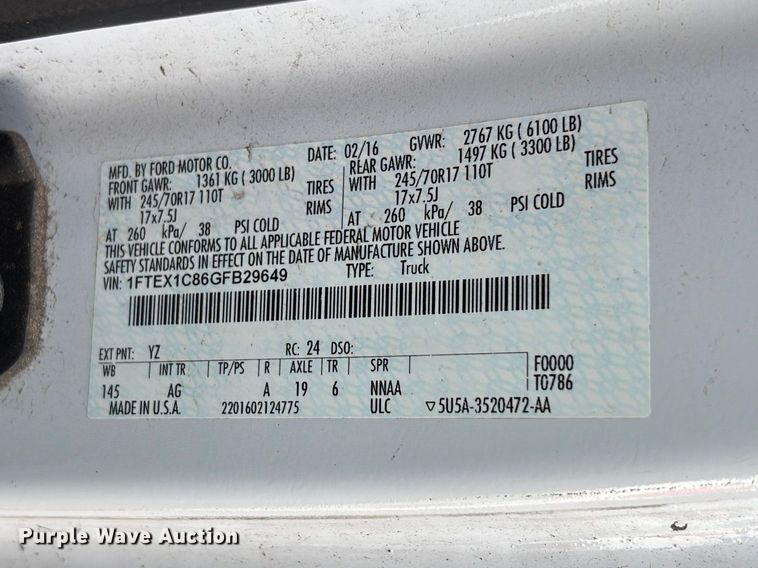 image for item DU6257 2016 Ford F150 Ext. Cab pickup truck