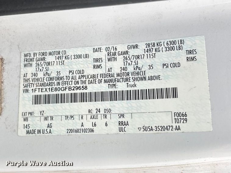 image for item DU6262 2016 Ford F150 Ext. Cab pickup truck