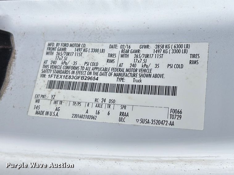 image for item DU6266 2016 Ford F150 Ext. Cab pickup truck
