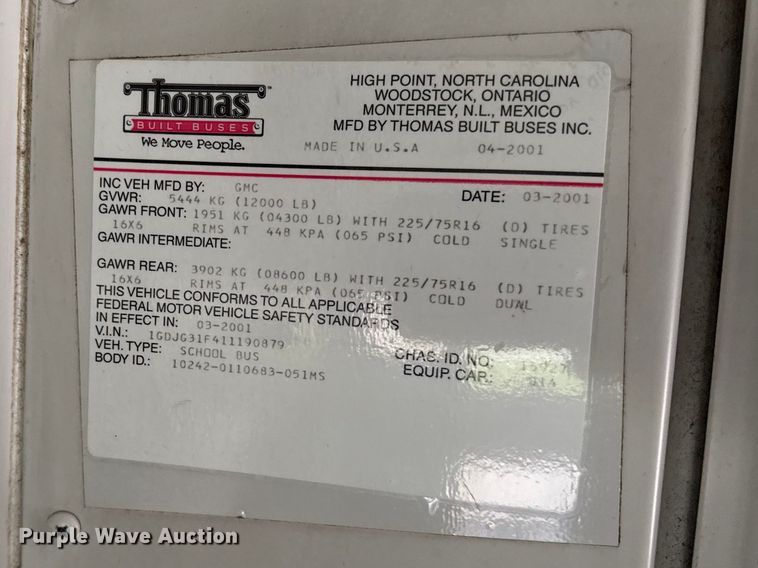 image for item DZ4458 2001 GMC Savana school bus