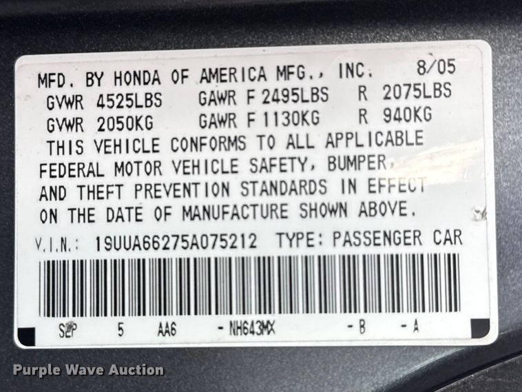 image for item DZ5294 2005 Acura TL 