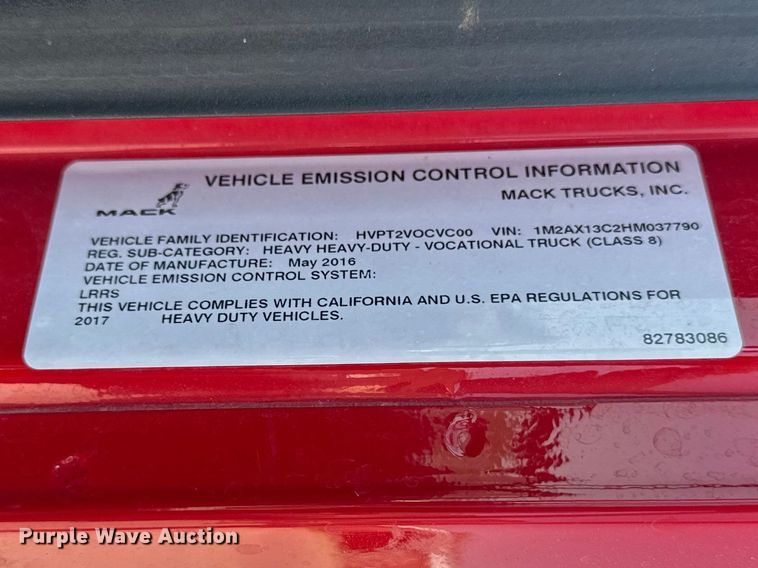 image for item EF2472 2017 Mack GU813 truck cab and chassis