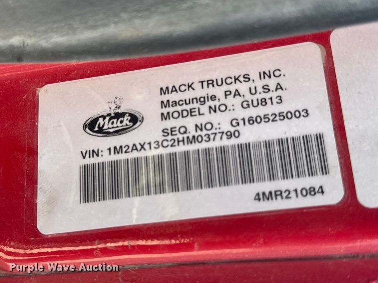image for item EF2472 2017 Mack GU813 truck cab and chassis