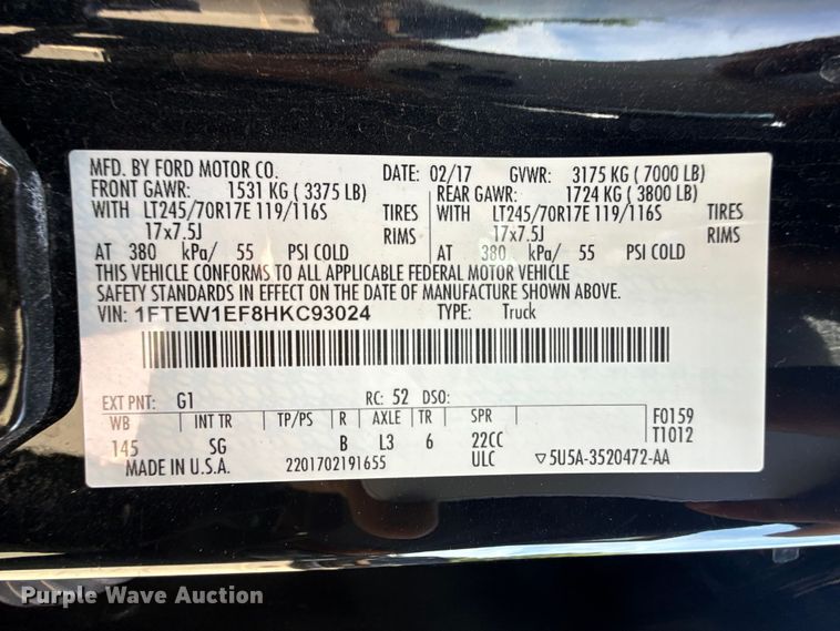 image for item EW4590 2017 Ford F150 XL Crew Cab pickup truck