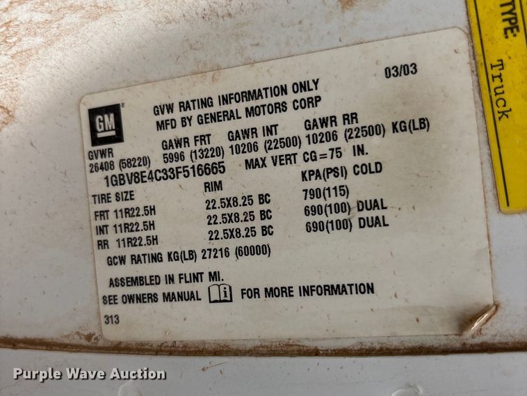 image for item FC2225 2003 Chevrolet C8500 water truck