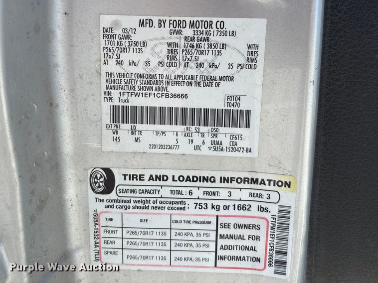 image for item FC5639 2012 Ford F150 Crew Cab pickup truck