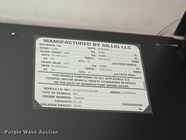 image for item FH6105 2012 Gillig G27E102N2 shuttle bus