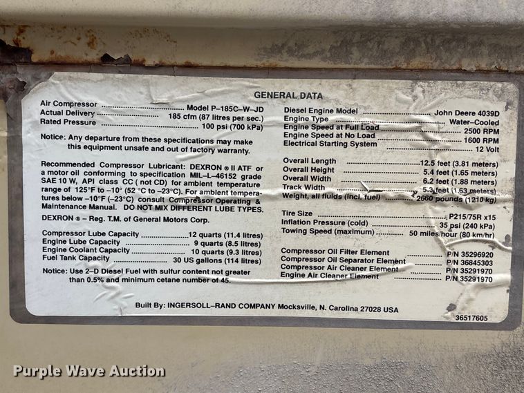 image for item FH7118 1993 Ingersoll-Rand 185 air compressor