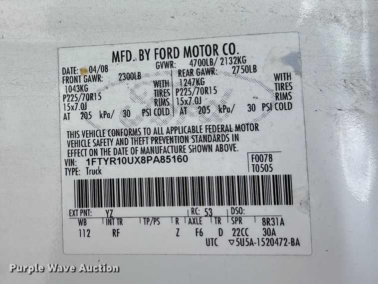 image for item FN5628 2008 Ford Ranger pickup truck