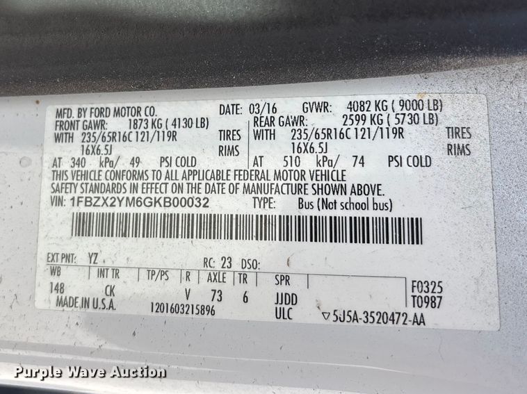 image for item FN5655 2016 Ford Transit 350 van