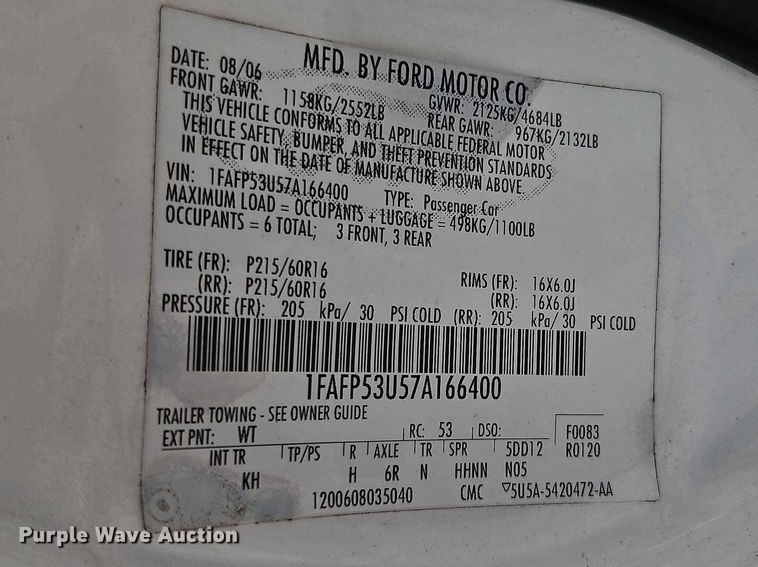 image for item FN5665 2007 Ford Taurus Passenger vehicle
