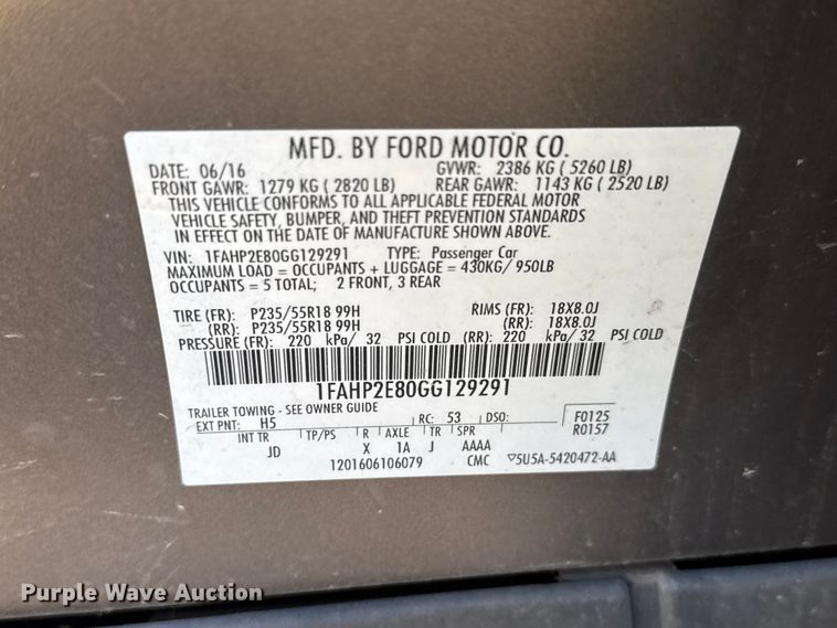 image for item MX9267 2016 Ford Taurus SEL 