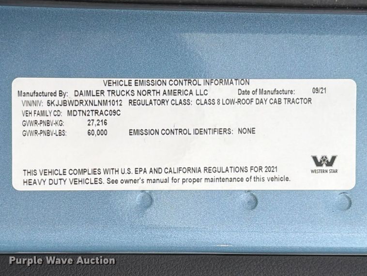 image for item ED5237 2022 Western Star 49X semi truck