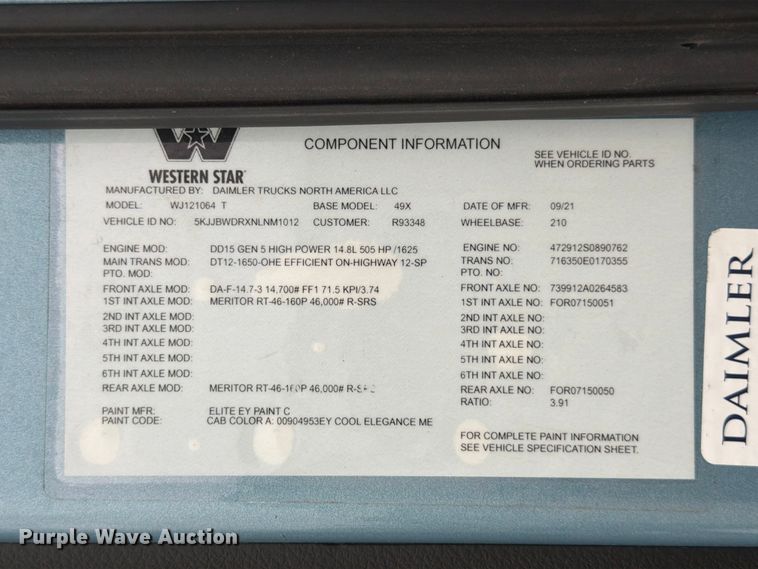image for item ED5237 2022 Western Star 49X semi truck