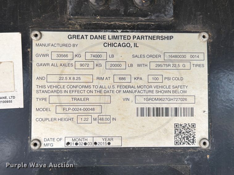 image for item ED5239 2016 Great Dane FLP-0024-00048 flatbed trailer