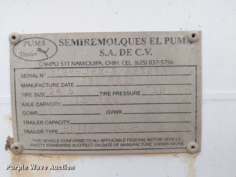 image for item EE5245 2016 Semiremolques El Puma bottom dump trailer