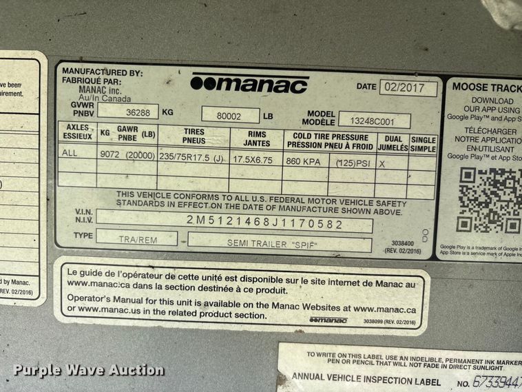 image for item EU5570 2018 Manac drop deck trailer