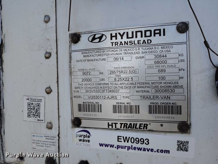 image for item EW0993 2015 Hyundai VI2530112-AJRS dry van trailer