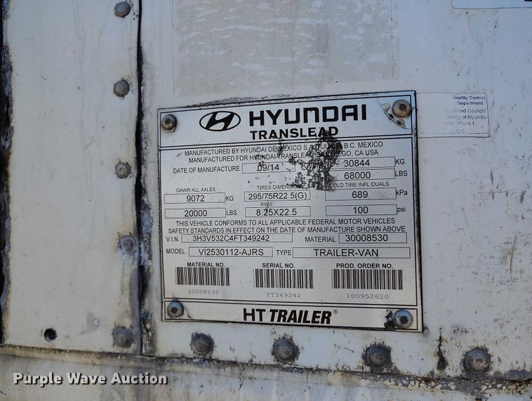 image for item EW0995 2015 Hyundai VI2530112-AJRS dry van trailer