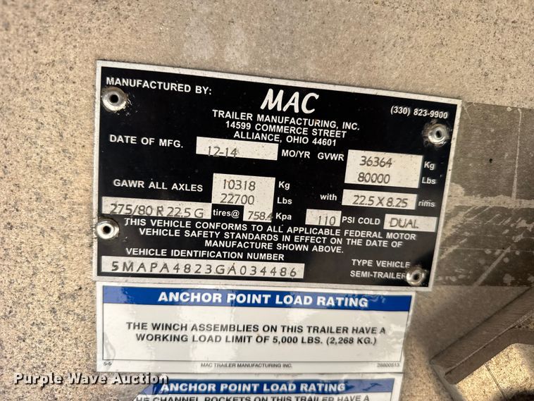 image for item FB7432 2016 MAC TNAR48AF flatbed trailer