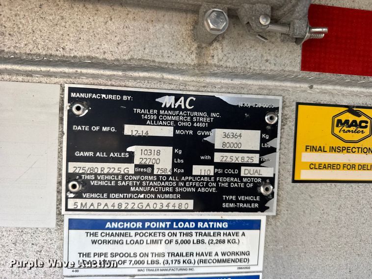 image for item FB7433 2016 MAC TNAR48AF flatbed trailer